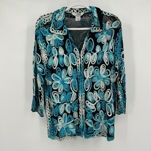 Womens Resort Glam Sheer Embroidered Top Size M Artwear Coastal Boho Floral